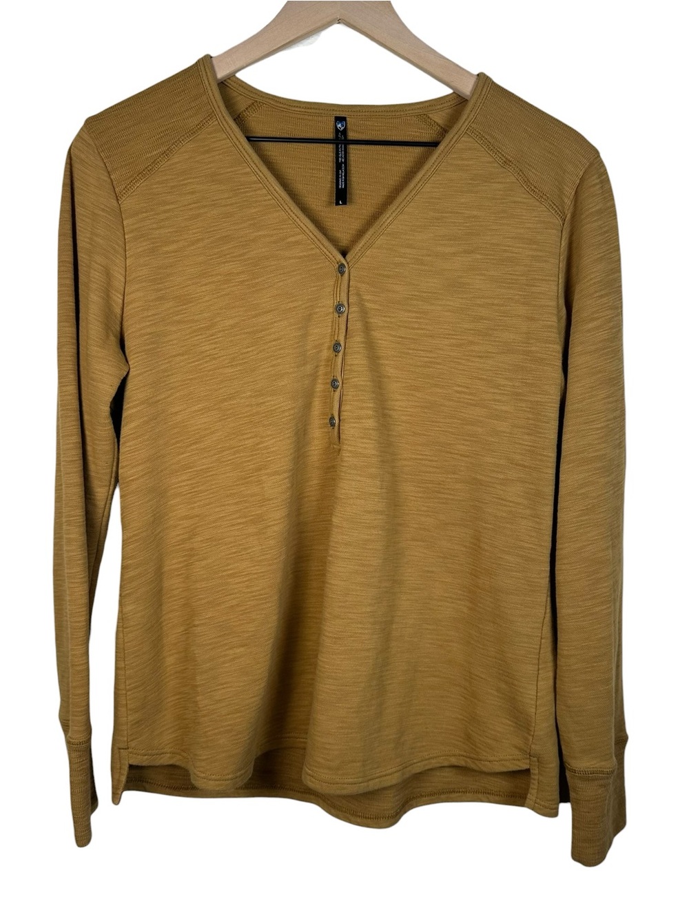 Kuhl Lola Henley Thermal Vneck Mustard Yellow Womens Large Long Sleeve Hiking